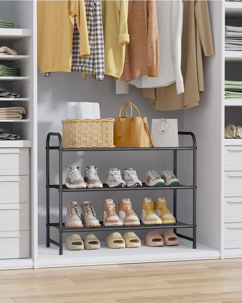 Heavy Duty Three Tier Shoe Rack Decked Out In Thick Matte Black Steel For Fast Entryway Refresh Holds Sneakers High Tops And Slippers Snug As A Bug No Sweat Tool Free Setup Keeps Closets And Hallways Neat So You Can Chill In Clean Spaces