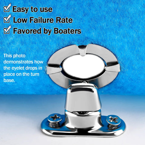 Canvas twist lock fastener, chrome metal, installed on blue canvas fabric
