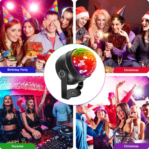 Disco Ball Party Lights With Remote Sound Activated RGB Seven Color Strobe DJ Lights for parties, shown with party scenes