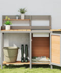 Sturdy Wooden Potting Bench With Sink For Outdoor Garden Work Table With Storage Cabinet And Shelves, tools, and plants
