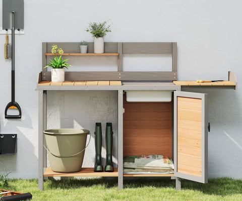 Sturdy Wooden Potting Bench With Sink For Outdoor Garden Work Table With Storage Cabinet And Shelves, tools, and plants
