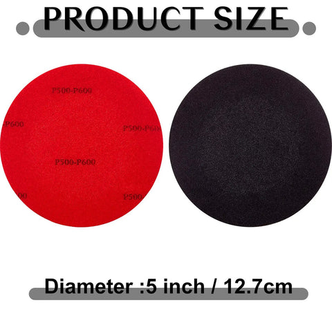 Six Piece Bowling Ball Sanding Pads Kit With 5 Inch Pads In Grit P500 P1000 P2000 for resurfacing, close-up of two sanding pads