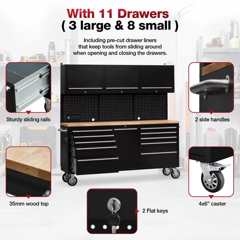 Badass Rolling Tool Chest With Eleven Deep Drawers Plus Three Extra Upper Cabinets Seventy Two Inch Black Steel Workshop Storage Cart