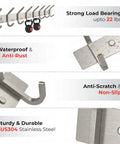 Brushed Nickel Wall Mount Coat Rack With 24 Inch Stainless Steel Rail And 8 Heavy Duty Double Hooks showing waterproof and anti-rust properties