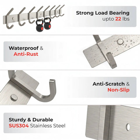 Brushed Nickel Wall Mount Coat Rack With 24 Inch Stainless Steel Rail And 8 Heavy Duty Double Hooks showing waterproof and anti-rust properties