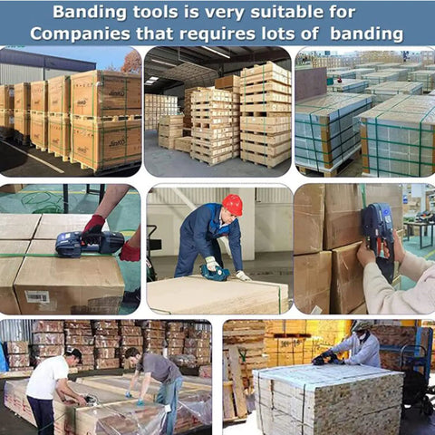 Battery Powered Handheld Strapping Machine Automatic PP PET Banding Tool Adjustable Tension Up To 2800 N used for securing pallets.
