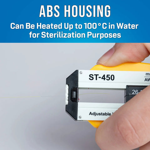 Close-up of Adjustable Precision Wire Stripper for 26-36 AWG Wires, showing ABS housing and sterilization capability.
