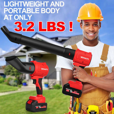 Smiling person holding Cordless Leaf Blower With 2x 4.0Ah Batteries And Charger against house backdrop, lightweight tool