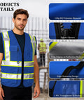 Custom Printed High Visibility Safety Vest With Reflective Tape For Contractors And Crews Featuring Zippered Front Design, showing blue polyester with pockets.