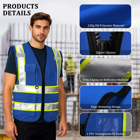 Custom Printed High Visibility Safety Vest With Reflective Tape For Contractors And Crews Featuring Zippered Front Design, showing blue polyester with pockets.