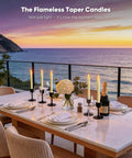 6 Pack Wax Flameless Taper Candles With Remote Timer And Dimmer, Ivory LED Candle Sticks, on dining table at sunset