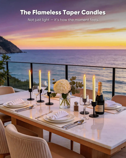 6 Pack Wax Flameless Taper Candles With Remote Timer And Dimmer, Ivory LED Candle Sticks, on dining table at sunset