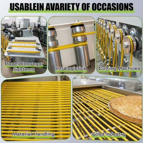 Fifty Foot Hollow Round Belt With Three Eighths Inch Diameter High Performance Flexible Polyurethane Drive Belt For Food Conveyor Transmission Systems Smooth Surface Durable Tough Wear Resistant Yellow shown in various industrial settings.