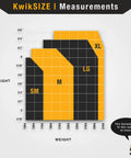 Thunder Full Body Safety Harness size chart showing height and weight for SM, M, LG, XL. ANSI Z35911 2021 and OSHA compliant.