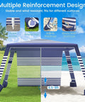 8x8 Beach Cabana With Side Wall Sun Shelter on sand, navy stripes, featuring adjustable height and wind resistance elements