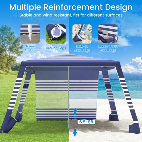 8x8 Beach Cabana With Side Wall Sun Shelter on sand, navy stripes, featuring adjustable height and wind resistance elements