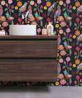Dark Parrot Floral Peel And Stick Wallpaper 17.7 Inch Wide By 78.7 Inch Long with vibrant parrots and flowers in bathroom