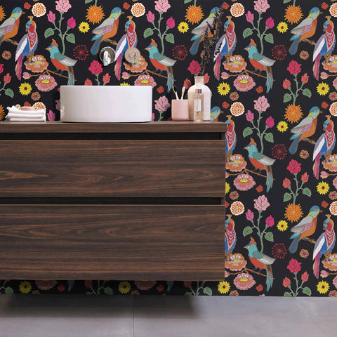 Dark Parrot Floral Peel And Stick Wallpaper 17.7 Inch Wide By 78.7 Inch Long with vibrant parrots and flowers in bathroom
