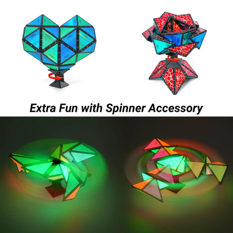 Magnet Pyramid Transforming Puzzle Cube With 243 Magnets And Spinner Accessory Including 12 Pieces For Mind Blowing Endless Shapes Like Bunny Egg Basket Flowers Heart A Brain Boosting STEM Toy And Easter Birthday Gift with heart and object shapes glowing.