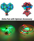 Magnet Pyramid Fidget Toy With 243 Rare Earth Magnets That Spark Endless Shapes Glows In The Dark Holographic Design And Spinner Accessory A Dope Gift For Christmas Or Birthday. Two triangular magnet structures glow, one heart-shaped and one pyramid, with spinning effect.