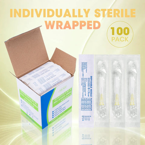100 Pack 30 Gauge Luer Lock Needles 5/16 Inch Sterile Disposable Tri Bevel Stainless Steel Tips in a cardboard box.