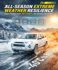 Premium Silicone Windshield Wiper Blades 24 And 18 Inch Set shown on SUV during extreme weather conditions with snowfall.