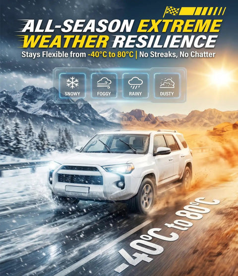 Premium Silicone Windshield Wiper Blades 24 And 18 Inch Set shown on SUV during extreme weather conditions with snowfall.