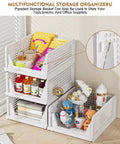 5 Pack Stackable Closet Storage Baskets, Foldable Organizer Bins For Bathroom Kitchen Laundry Room Wardrobe, No Fuss Space Saving Clothes Storage Drawers, Multifunctional Lightweight Organizer, White with snacks and toys on a floor.