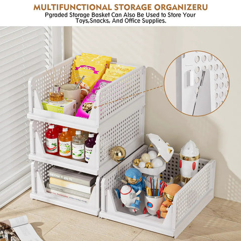 5 Pack Stackable Closet Storage Baskets, Foldable Organizer Bins For Bathroom Kitchen Laundry Room Wardrobe, No Fuss Space Saving Clothes Storage Drawers, Multifunctional Lightweight Organizer, White with snacks and toys on a floor.