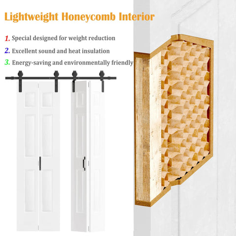 Smooth Glide Bi Fold Barn Door 84 Inch Tall Pre Built Six Panel Closet Slab with lightweight honeycomb interior design.