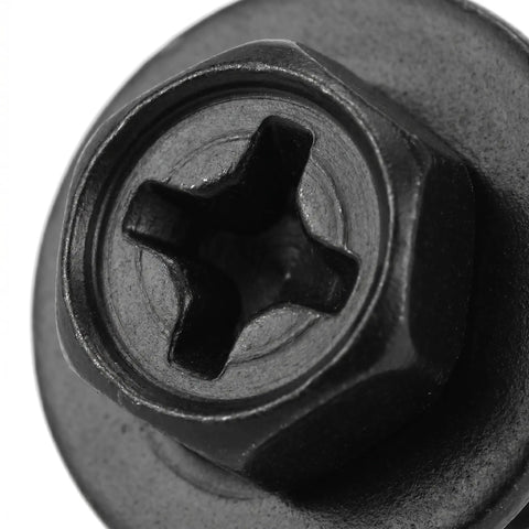 100 Piece Car Body Screw Kit With Integrated Flange Head For Wheel Well Liner And Bumper Cover, Vibration Resistant Auto Body Fasteners, Stable Thread Forming For Easy Disassembly And Reassembly For Your Daily Driver, black flange-head screw close-up