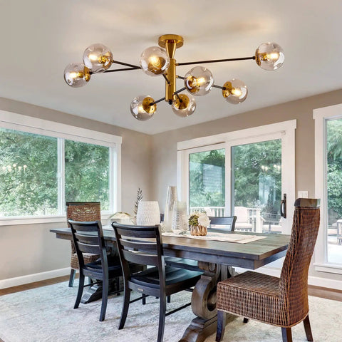 8 Light Sputnik Ceiling Light Fixture Semi Flush Mount With Glass Globe In Black And Gold Mid Century Modern Chandelier in dining room.