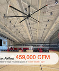 Heavy Duty 288 Inch HVLS Industrial Ceiling Fan Featuring Six Aluminum Blades And A Ripping 459000 CFM Quiet DC Motor mounted in large gym space.