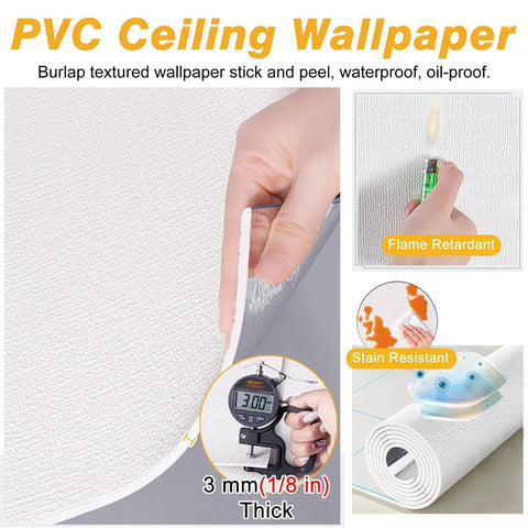 Knockout Look Waterproof Peel And Stick Wallpaper Roll featuring burlap texture, 3mm thick PVC, ideal for ceiling applications.