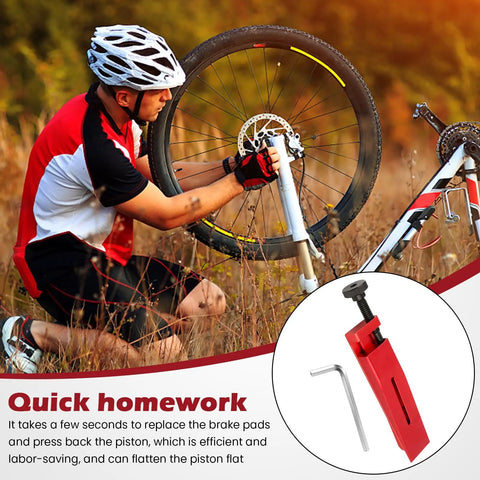 Man using Heavy Duty Brake Tool For Sram Hydraulic Disc Calipers With 1.1 Inch CNC Aluminum Piston Reset Expander Adapter for bike maintenance.