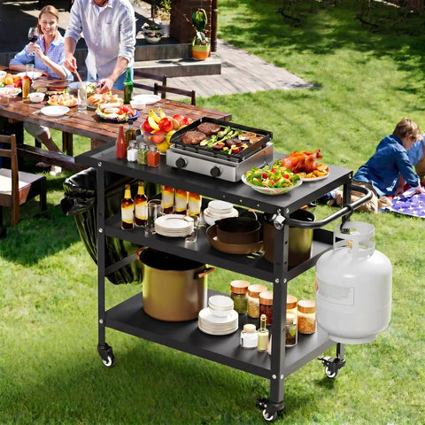 Beefy Outdoor Grill Cart With Wheels, Pizza Oven Stand and Prep Table for Patio and Backyard, featuring steel frame