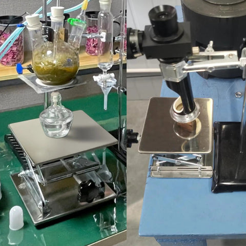 Workhorse Stainless Steel Lab Jack Lift Table With 12x12 Inch Platform supporting laboratory equipment and samples