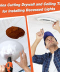 Gulfmew drill dust bowl, transparent silicone, used with drill to collect drywall dust; installer attaching recessed light.
