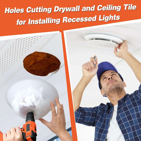 Gulfmew drill dust bowl, transparent silicone, used with drill to collect drywall dust; installer attaching recessed light.