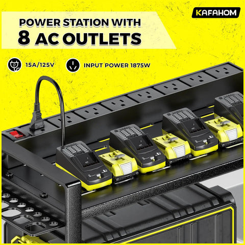 Power Tool Organizer With Charging Station For Garage Eight Outlet Power Strip Built In Wall Mount Shelf Battery Organizer