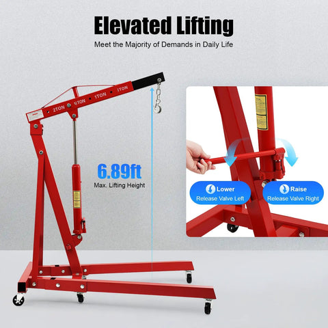 Heavy Duty Hydraulic Engine Hoist, 2 Ton Folding Shop Crane Built Tough with 6.89ft max lifting height and adjustable valve.