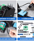 Pro Grade 60W Digital Soldering Station Kit With Two Handy Helping Hands Six Extra Tips Lead Free Solder Sucker Stainless Tweezers Celsius Fahrenheit Conversion Auto Sleep And Calibration Support in packaging with accessories visible.
