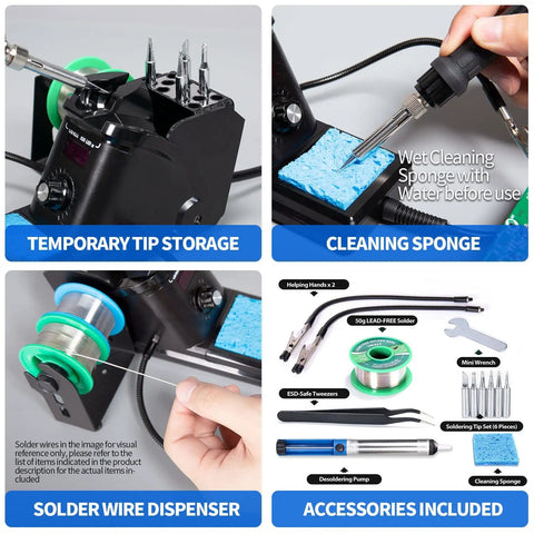 Pro Grade 60W Digital Soldering Station Kit With Two Handy Helping Hands Six Extra Tips Lead Free Solder Sucker Stainless Tweezers Celsius Fahrenheit Conversion Auto Sleep And Calibration Support in packaging with accessories visible.