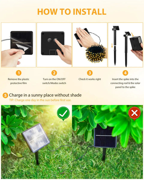 How to install Two Pack 92Ft 240 LED Solar String Lights Outdoor Waterproof With Eight Modes for garden setup.