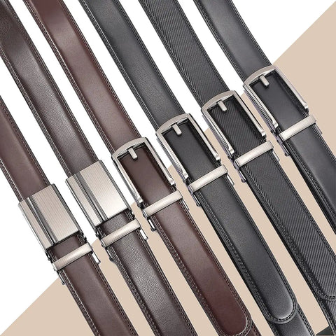 Two Pack Mens Leather Ratchet Belts With Automatic Buckle And Click Sliding Design For Casual Golf And Business Wear One Size Fits 28 To 42 Inch Waists 1.26 Inch Wide 120 Cm Length Excluding Buckle