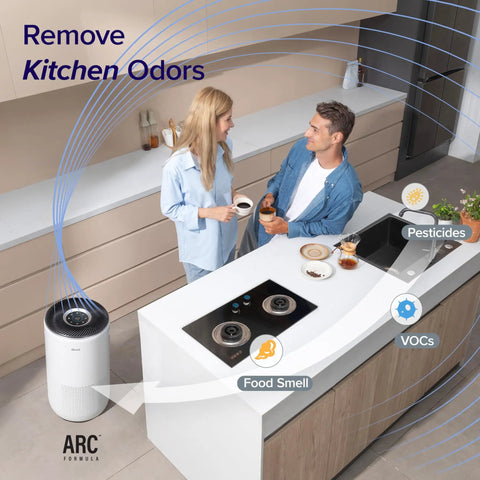 Couple in modern kitchen with Big Room Air Purifier For Homes Up To 1733 Sq Ft With HEPA Sleep Mode Clean Air Monitor Auto Mode.