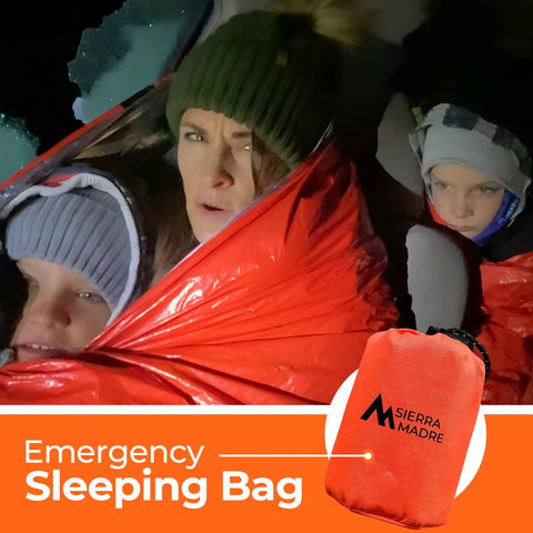 Ultralight Emergency Sleeping Bag Bivy Sack Waterproof Mylar Thermal Reflective Blanket for Hiking Bug Out Bags Survival Kits Cold Weather Heat Retention displayed with people inside for emergency use.