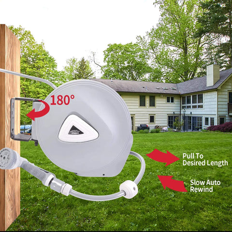 Wall-mounted retractable garden hose reel with auto rewind and 180° swivel, ideal for plant watering or car washing.