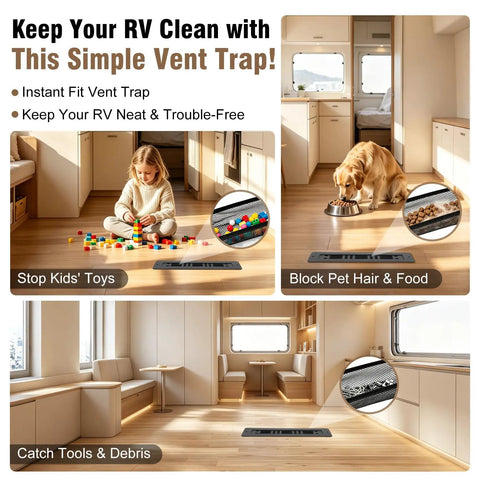 Aluminum RV Floor Vent Cover Kit 2x10 Magnetic Removable Floor Register Trap Black Inside blocks kids' toys, pet hair, debris.