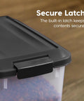 Two Pack Dog Food Storage Containers With Airtight Seal And Rolling Wheels Holds Up To 30 Lbs Each One Hand Open BPA Free Made In USA Clear And Black showing secure latch detail.